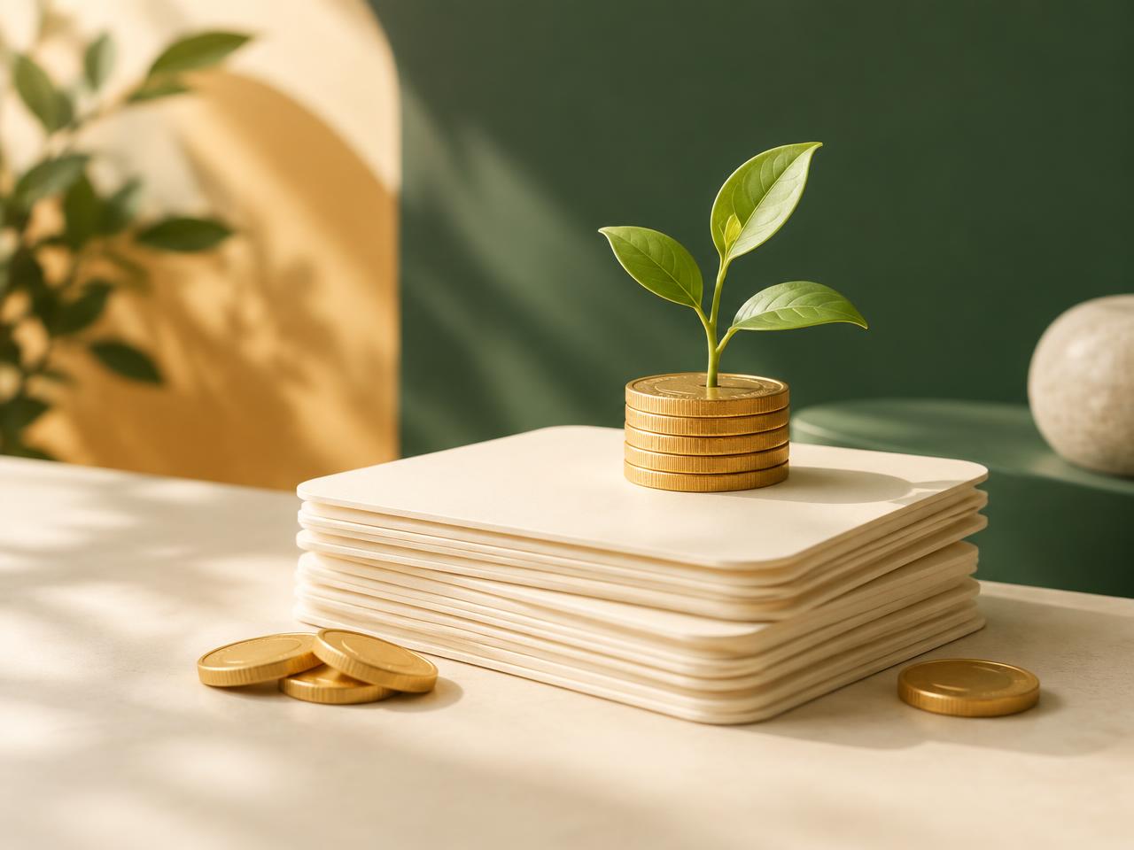 Monedas con una planta creciendo, símbolo de ahorro